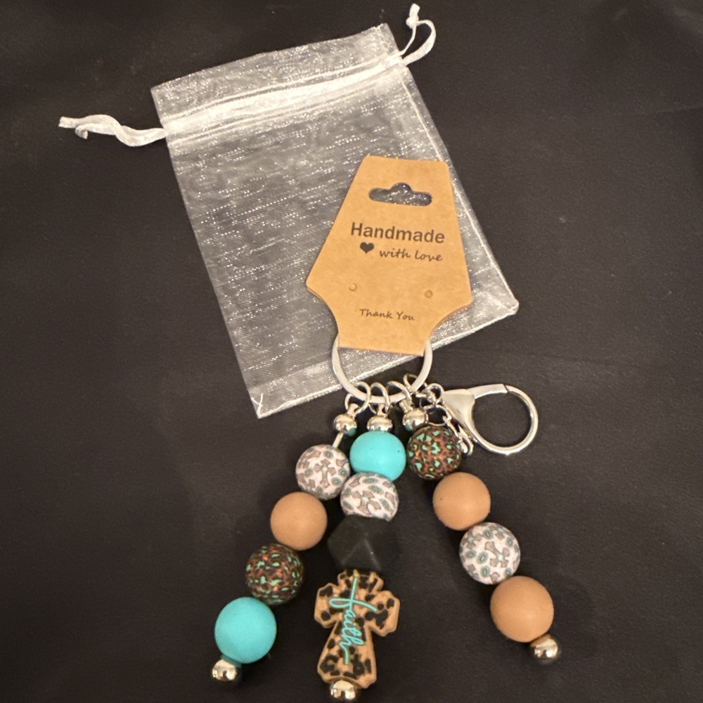 Handmade Turquoise Faith Cross Beaded Keychain Blue Leopard Print Silicone Bead